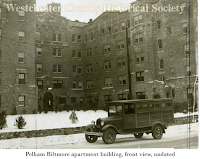 Undated photograph, snowy Pelham Biltmore Apartments exterior, Pelham Manor.