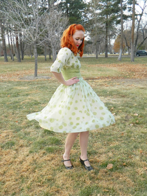 1950s green polka dot dress redhead Just Peachy, Darling