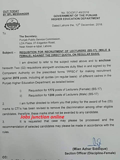 PPSC Lecturer Jobs 2018-19 | 2978+ Lecturer Vacancies - Online Registration 