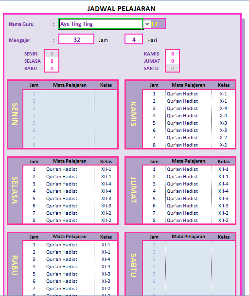 ExcelHeru: Jadwal Pelajaran Sekolah (Maks. 15 Kelas) di Excel