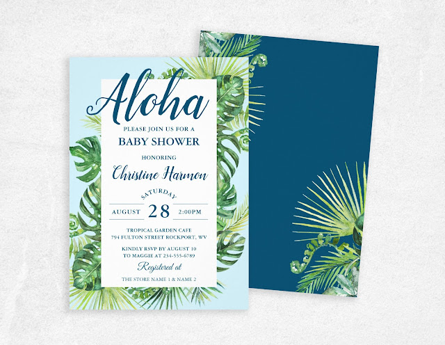  Aloha Tropical Greenery Blue Baby Shower Invitation