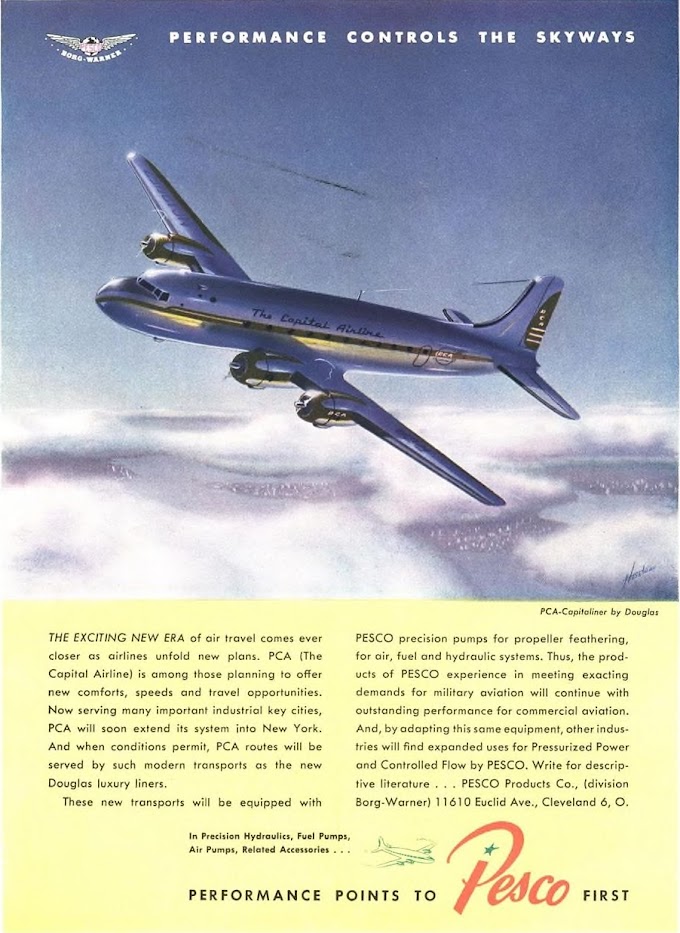 Performance controls the skyways - gorgeous 1945 PESCO-Capital Airline illustration