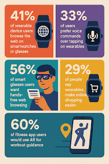 This chart illustrates shifting user behavior: 41% browse the web using wearables, 33% favor voice commands, 56% are interested in hands-free browsing through smart glasses, 29% believe wearables enhance their shopping experience, and 60% of fitness enthusiasts want AR-powered workouts.