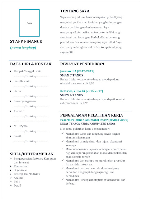 daftar riwayat hidup Staff Finance (Keuangan) lulusan SMA/SMK/MA/sederajat untuk fresh graduate