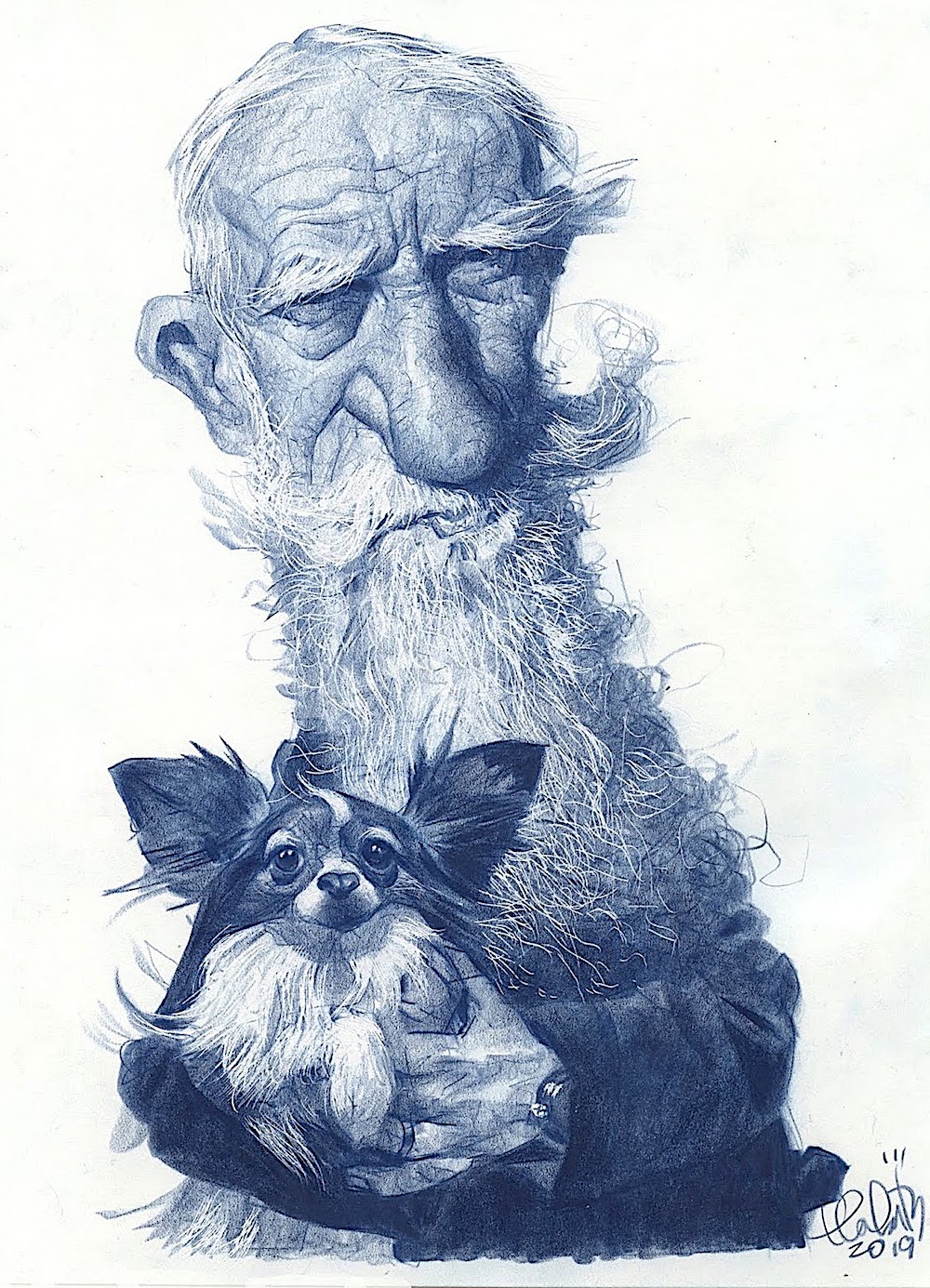 a Tom Fluharty caricature, of George Bernard Shaw? in blue pencil, an old bearded man and his little dog