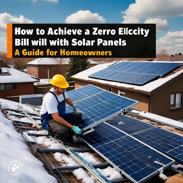 Image of a homeowner installing solar panels on their roof, with a snowy rooftop and a clear blue sky, representing the potential for renewable energy and energy independence, and serving as a visual guide for homeowners interested in harnessing solar power to reduce their electricity bills