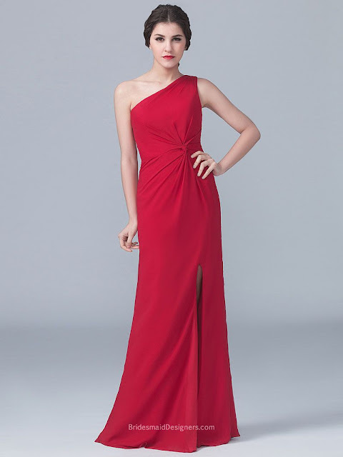 One Shoulder Sleeveless Red Sheath Long Chiffon Bridesmaid Dress Side Slit
