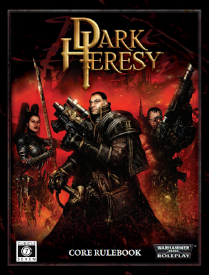 The cover of Dark Heresy. A bolt pistol, armored interogator takes center, flanked to his left by a leather clad, sword wielding assassin and to his right by a veteran, lasgun toting soldier with a cybernetic eye.