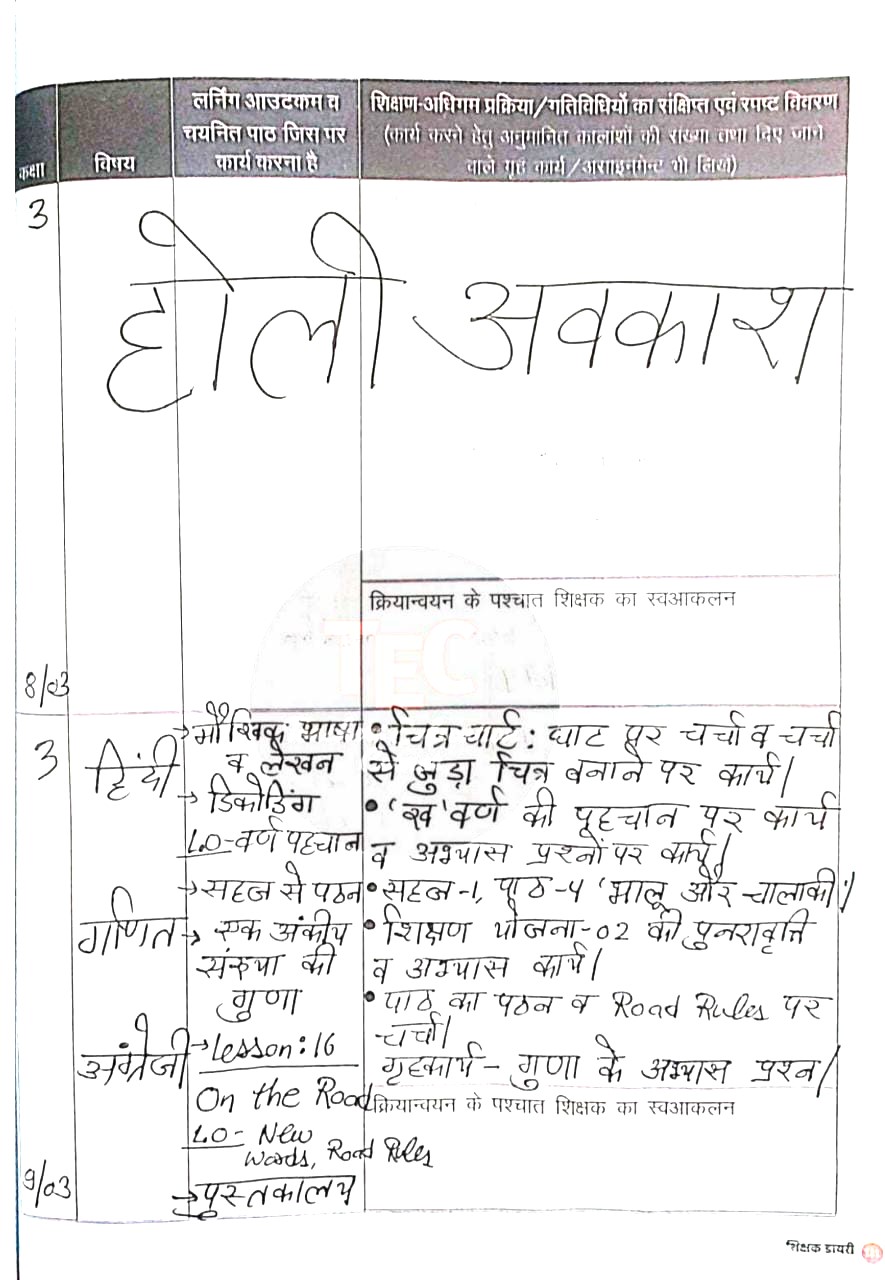 शिक्षक डायरी मार्च 2022 कक्षा - 3