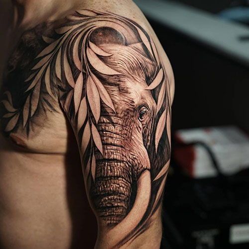 Elephant-with-Leaves-Shoulder-Tattoo