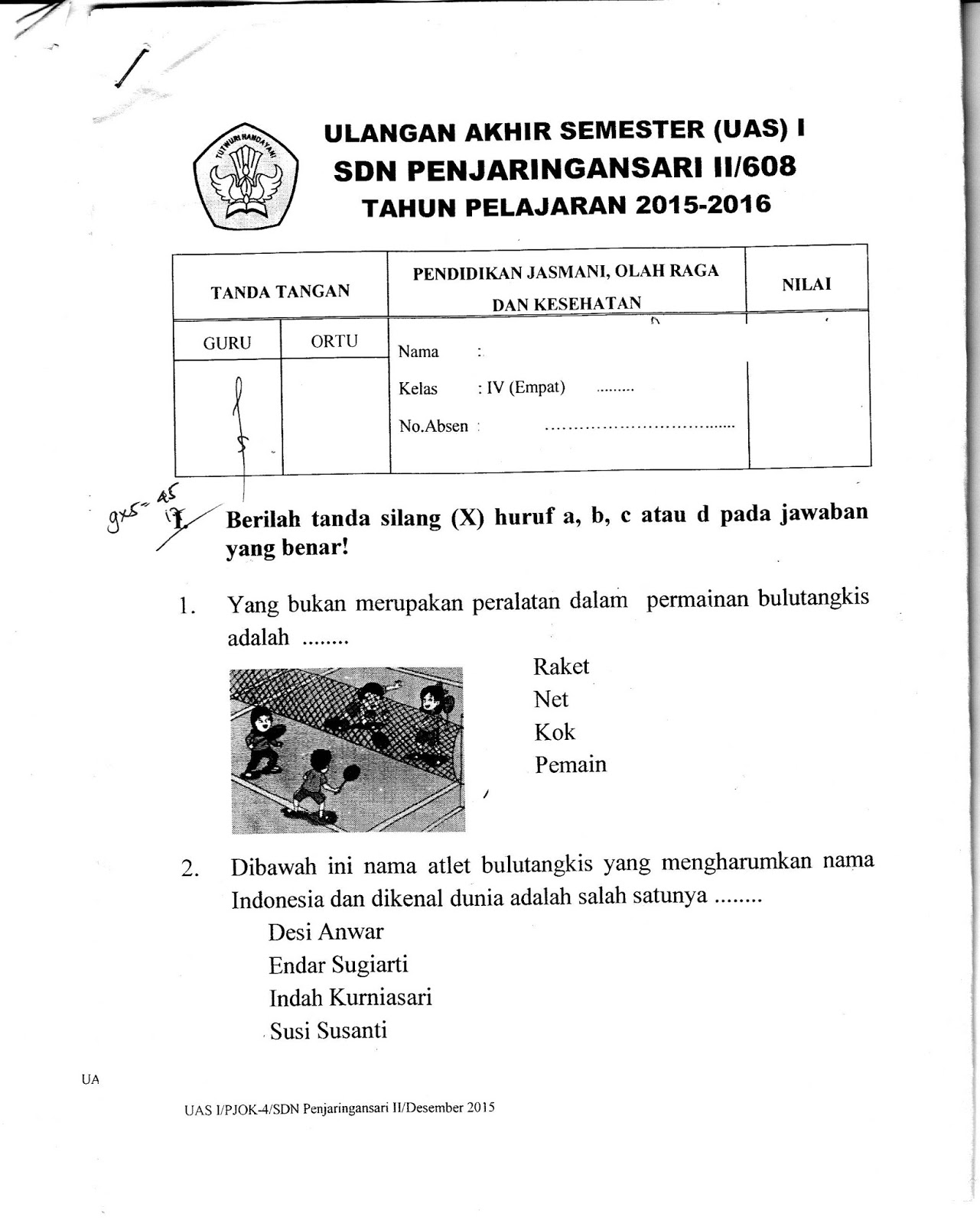 Matapelajaran Penjaskes SD Kelas 4 Semester Ganjil TA 2015 2016 Kurikulum 2013