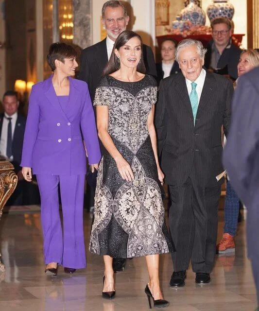 Queen Letizia wore a dress by Felipe Varela. King Felipe presented the Journalism award to Pilar Bonet. Grisogono diamond earrings