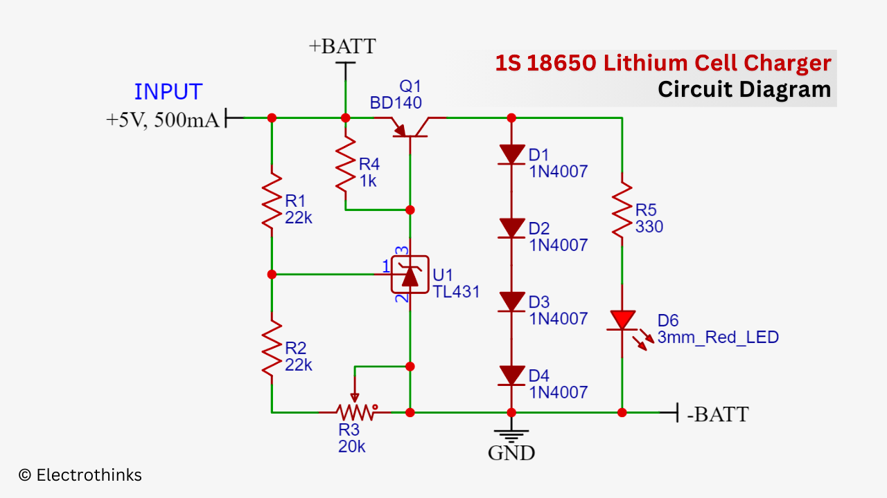 Schematic of 1S 18650 Lithium cell charger circuit