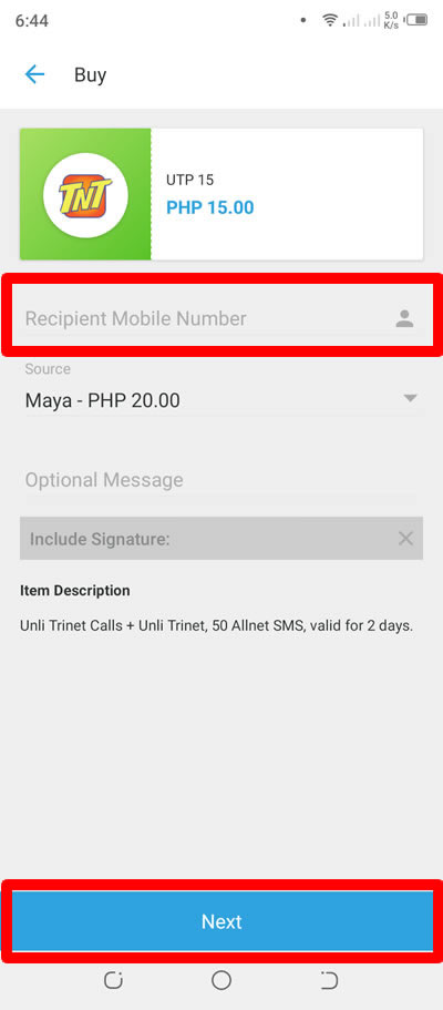 enter recipeint mobile number