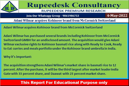 Adani Wilmar acquires Kohinoor brand from McCormick Switzerland - Rupeedesk Reports - 04.05.2022