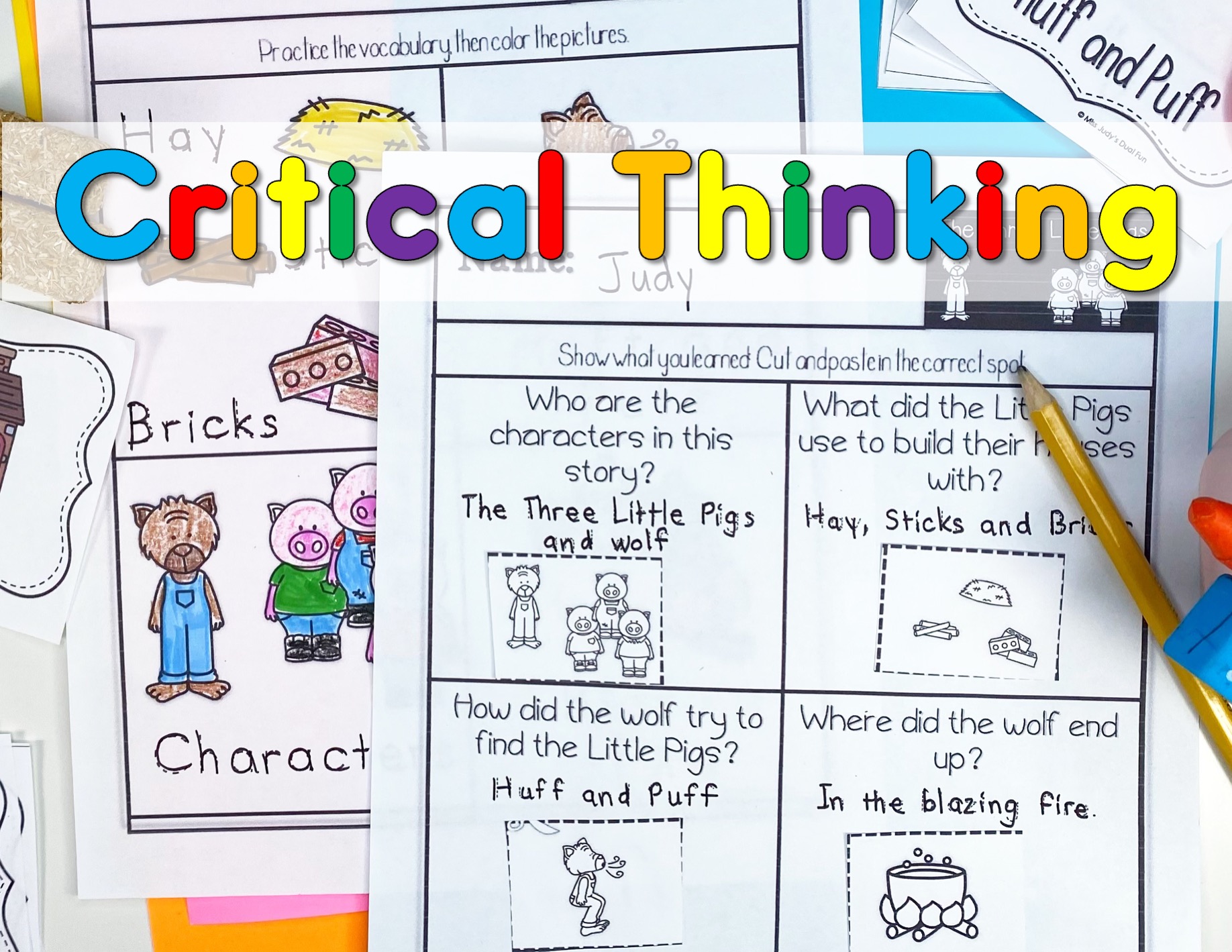 Image of a critical thinking worksheet for the Three Little Pigs.