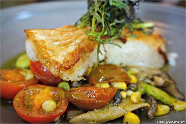 Dine Out  Bistro Du Midi: Hake, chanterelle mushrooms, sweet corn, fava beans, lemon verbena oil 