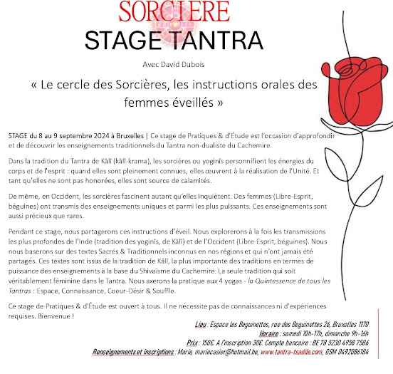 Stage enseignements secrets yoginîs Bruxelles septembre 2024