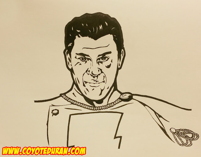 Sketchbook Chronicles No. 6: Christian Kane as Captain Marvel (Shazam), Micron pen and Pentel Pocket Brush Pen on sketch paper, July 2016 by Coyote Duran