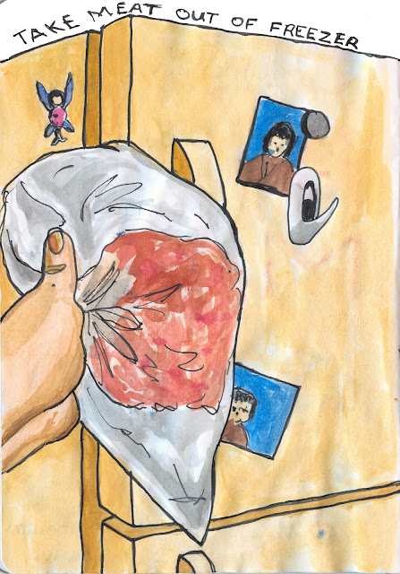 Taking meat out of freezer and transferring it to the refrigerator - Watercolour with Ink - by Ana Tirolese ©2012