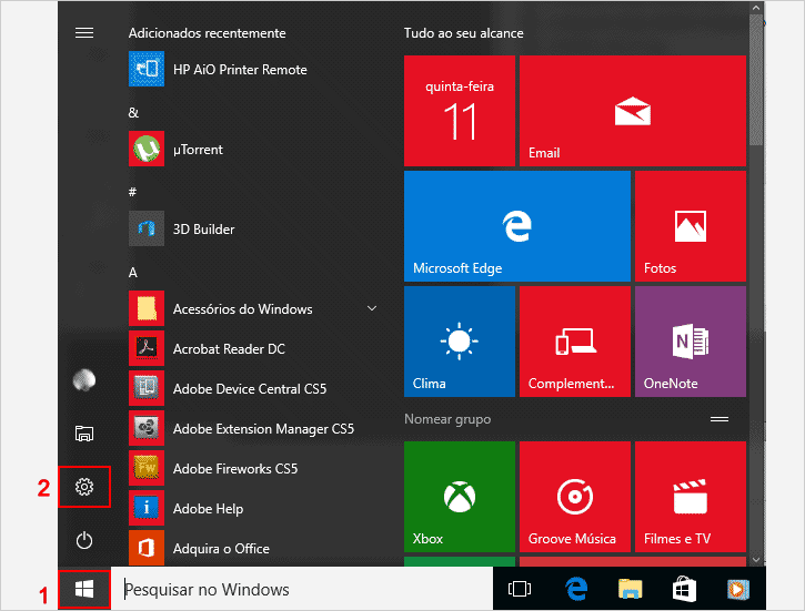 Menu iniciar Windows 10 -  mudar tema