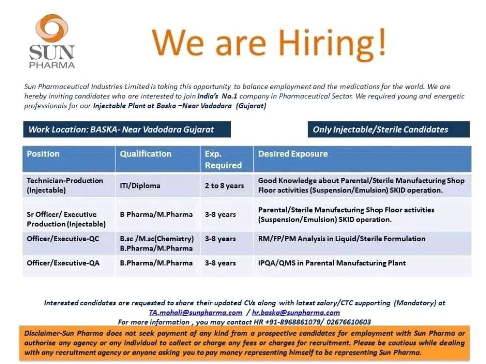 Job Availables,Sun Pharmaceutical Industries Limited Job Vacancy For B.Pharm/ M.Pharm/ BSc/ MSc Chemistry/ Diploma/ ITI