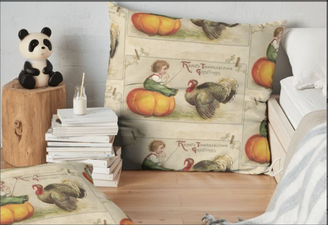 Adorable Child Sitting on a Thanksgiving Pumpkin Tempting a Tom Turkey on Pillow