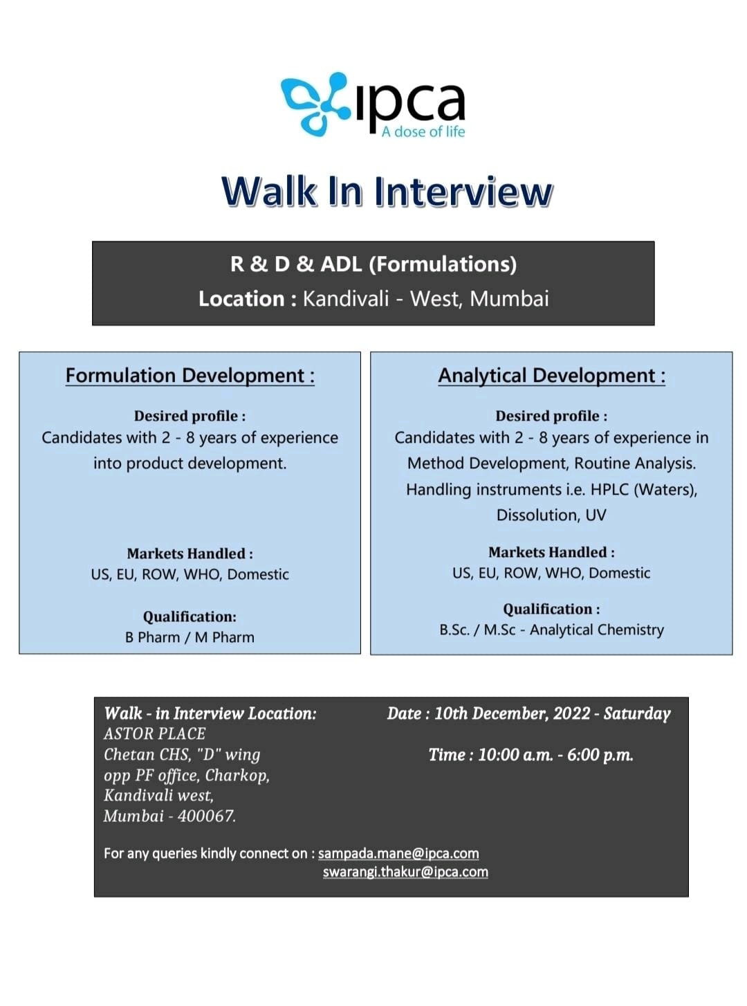 Job Availables, IPCA Walk-in Interview For BPharm/ MPharm/ BSc/MSc Analytical Chemistry