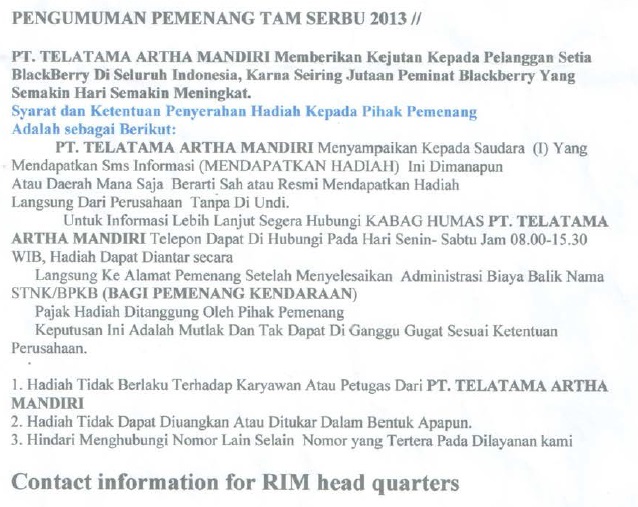 Penipuan mengatasnamakan BlackBerry dan TAM