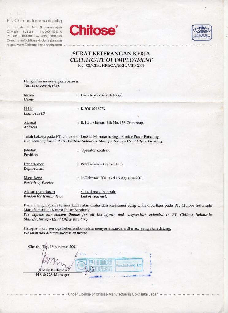 Contoh Format Surat Keterangan Kerja yang Baik - Contoh 