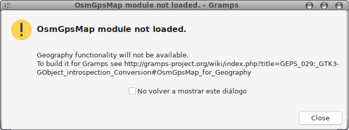 Gramps da error al abrir: "osmGpsMap module not loaded, Geography functionality will not be available"