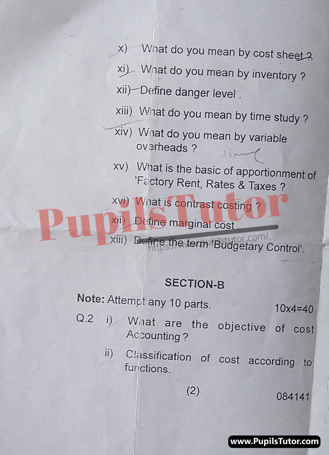 Haryana State Board of Technical Education (HSBTE) FAA (Finance Accounts And Auditing) Cost Accounting Fourth Semester Important Question Answer And Solution - www.pupilstutor.com (Paper Page Number 2)