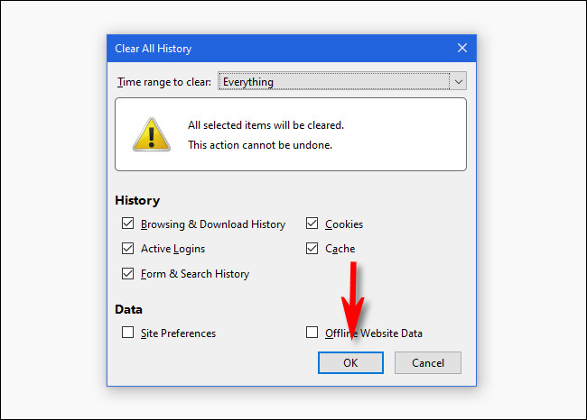 في نافذة Firefox "Clear All History" ، انقر فوق "OK".