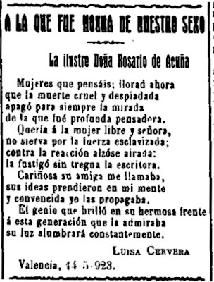 «A la que fue honra de nuestro sexo. La ilustre doña Rosario de Acuña» Luisa Cervera, 1923
