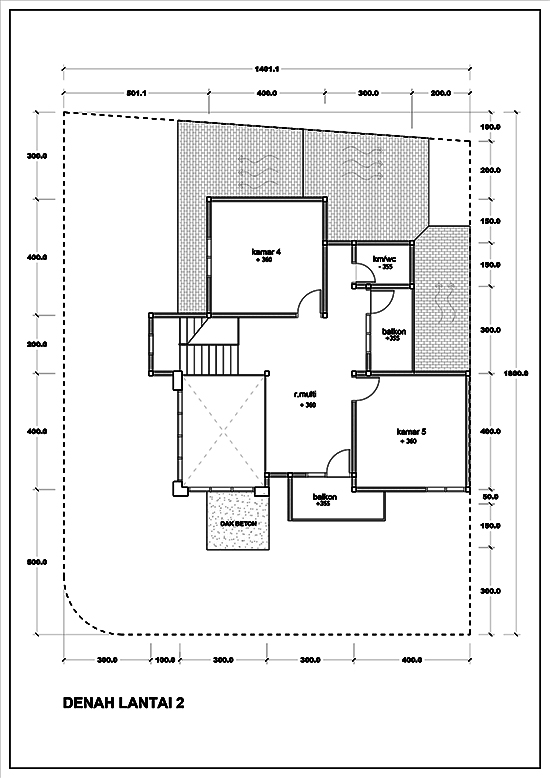 Denah rumah sudut minimalis dua lantai dengan 5 kamar 