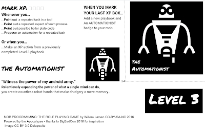 A Great experiment would be to have someone dedicated to each role in Willems Mob programming game and see what the engagement level is.