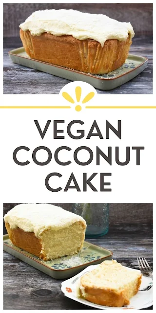 An easy vegan coconut cake that's baked it a loaf tin. It's a soft and fluffy cake topped with buttercream and coconut