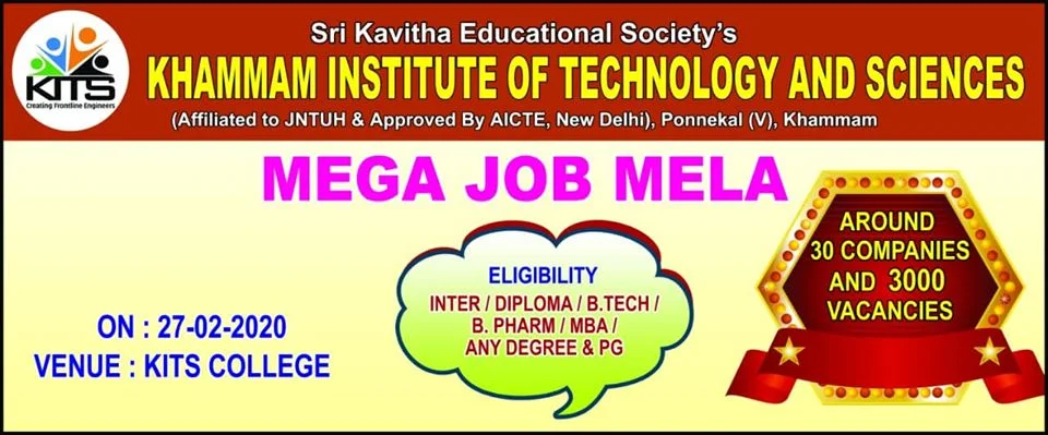 Inter/Diploma/B.Tech/PG Mega Job Fair in  Khammam (R), Telangana , Around 30 Companies and 300 Vacancies.