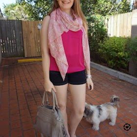 awayfromblue instagram pink tank and pastel leaf print scarf denim shorts SHAM style