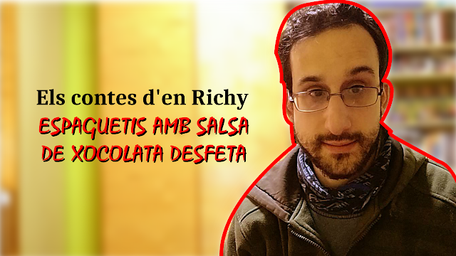 Miniatura de YouTube, amb text alternatiu: Sobre d'un fons borrós, a l'esquerra de la imatge, unes lletres negres: "Els contes d'en Richy:". A sota amb lletres vermelles: "Espaguetis amb salsa de xocolata desfeta". A l'altre costat, un primer pla d'en Richy: del cap fins a l'espatlla. Una línia de color vermell, ressegueix el seu contorn.