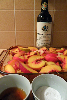 Peaches Layered in Baking dish, Sherry & Lemon,  Sugar & Cornstarch on the side