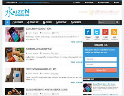 Kaizen Responsive, Modern, Simple, Clean design News, Magazine, Personal blog etc List view Blue, White, Gray Drop down Menu Right Sidebar Awesome Look Social Widget Custom 404 Page ready 2 Columns 3 Columns Footer Blogger Template Free Download