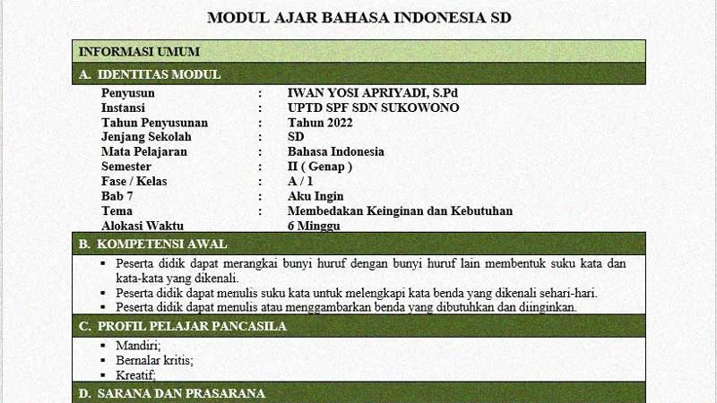 Modul Ajar Bahasa Indonesia Kelas 1 Semester 2