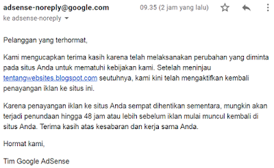 Cara mengaktifkan google adsense yang dinonaktifkan