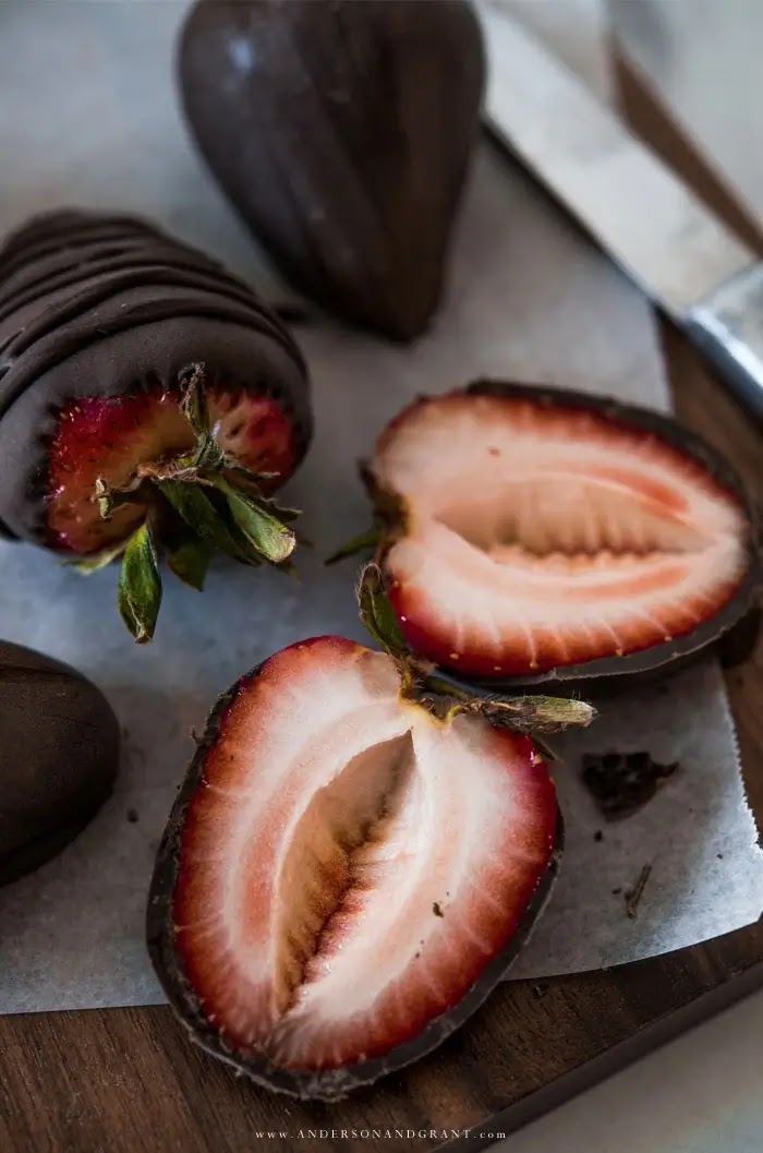 Chocolate covered strawberry cut open