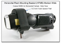 Horizontal Flash Mounting Bracket (HFMB) Medium Wide - Canon 580EX in Horizontal Format (1/2 Inch Foam Spacer Pad Shown in Place) 