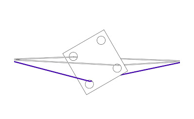 A diagram representing a square weaving tablet with a hole in each corner, carrying a white thread in two of it's holes and a purple thread in another. The purple thread is diagonally opposite from a vacant hole and the tablet is oriented so that the vacant hole sits at the top.