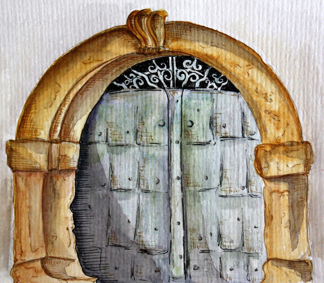 watercolor, aquarelle illustration, metal door, stone doorway, art, urban sketching, Sarah Loecker Art