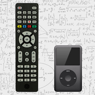 composite image of modern TV remote control next to an Apple iPod music player