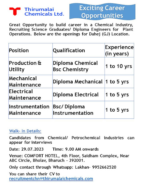 Thirumalai Chemicals Ltd Walk In Interview For Production/ Utility/ Electrical/ Mechanical/ Instrumentation